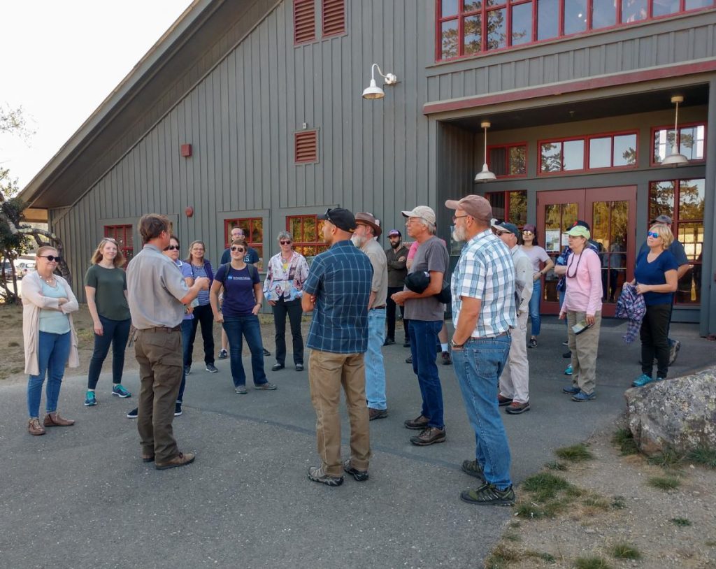 attendees chatting outside